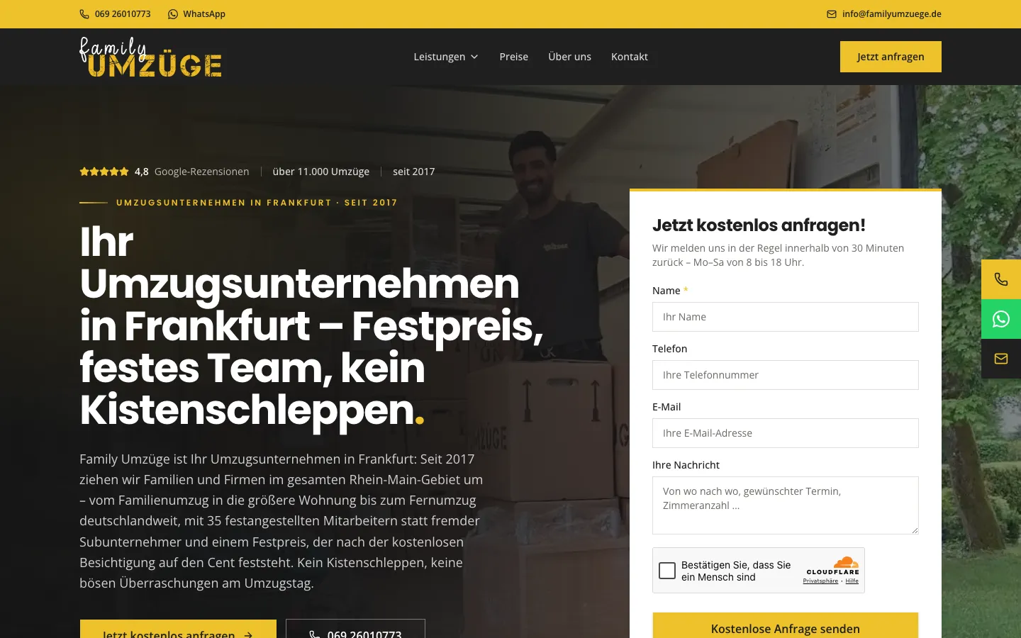 Startseite von Family Umzüge, Desktop-Ansicht