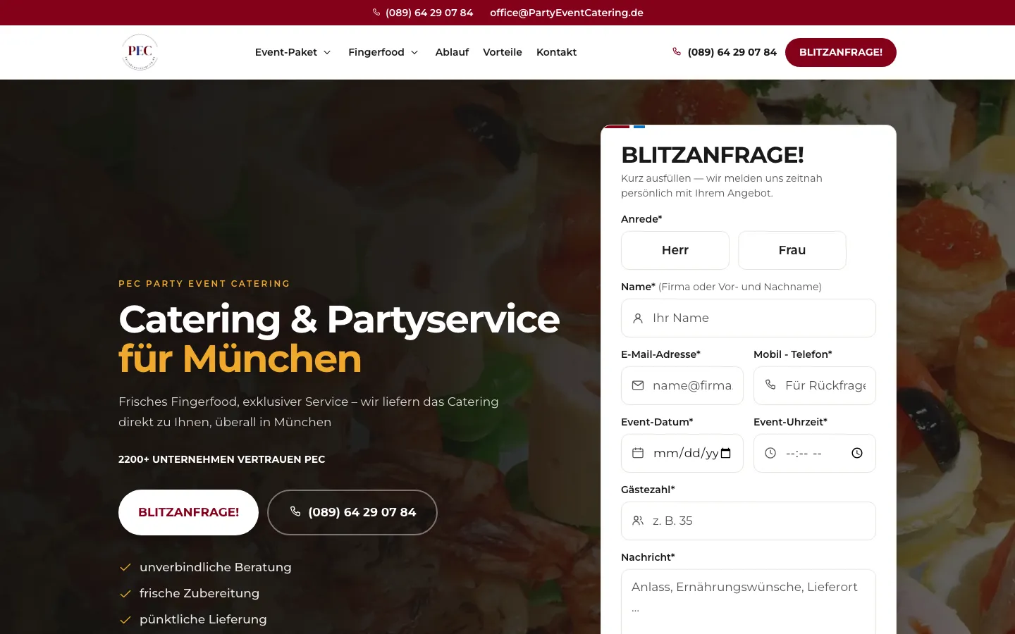 Startseite von PEC Party Event Catering, Desktop-Ansicht