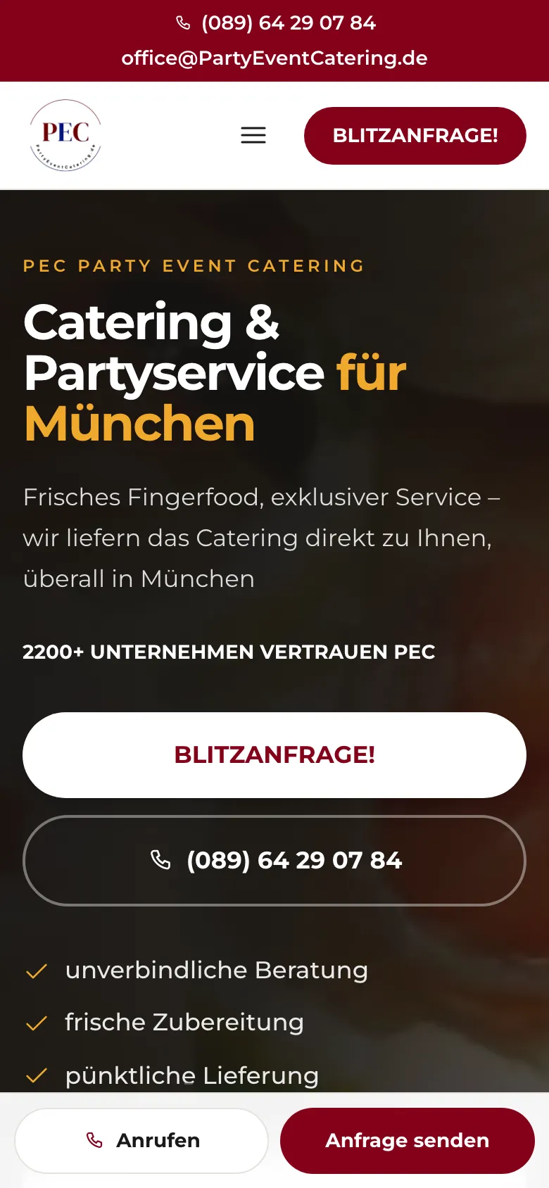 Startseite von PEC Party Event Catering, Handy-Ansicht