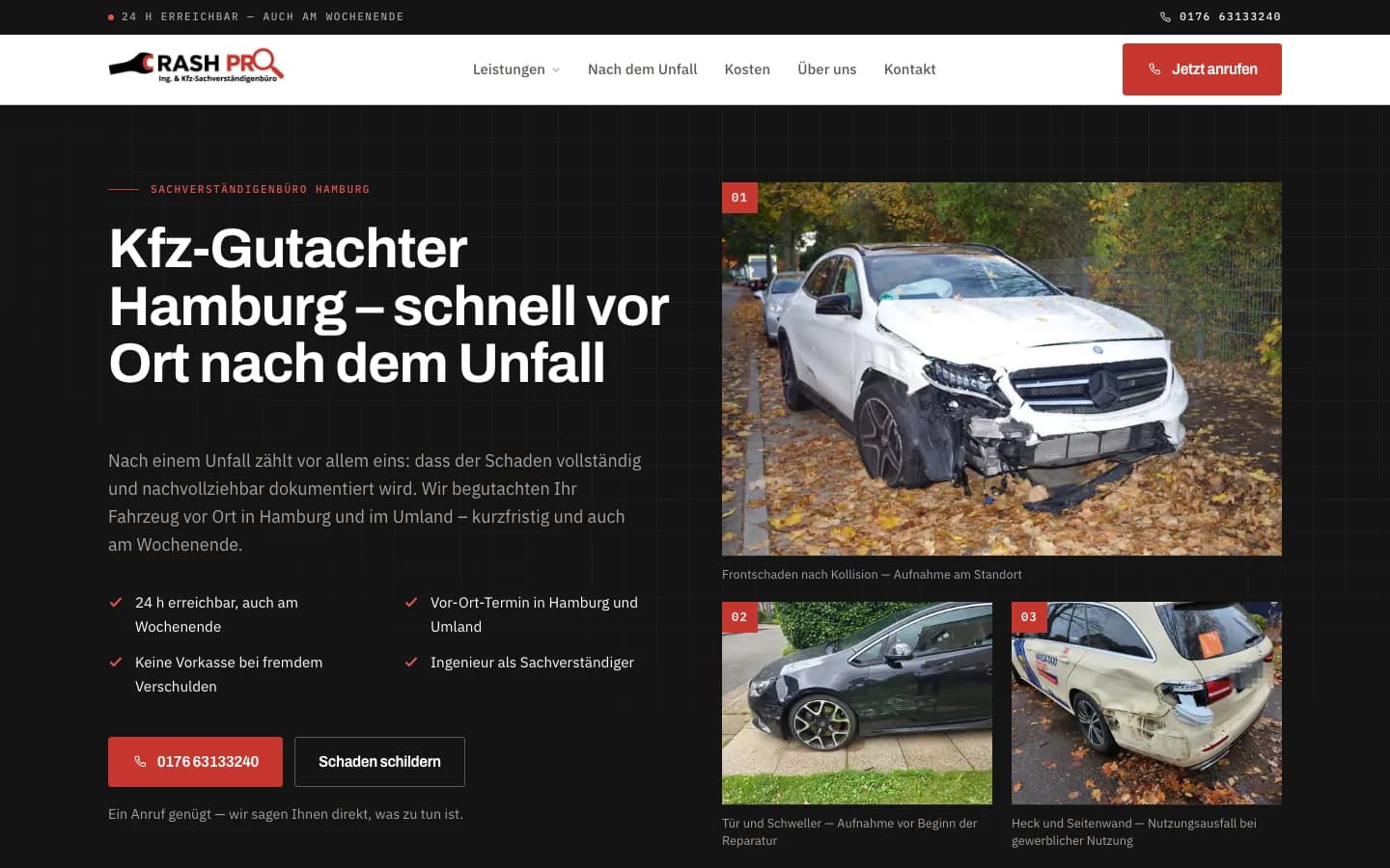 Startseite von Crash Pro, Desktop-Ansicht