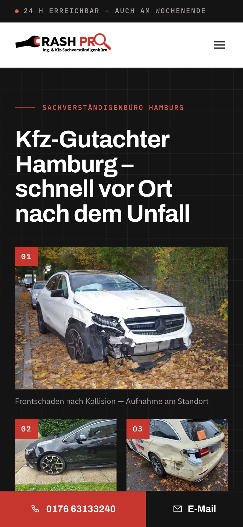 Startseite von Crash Pro, Handy-Ansicht