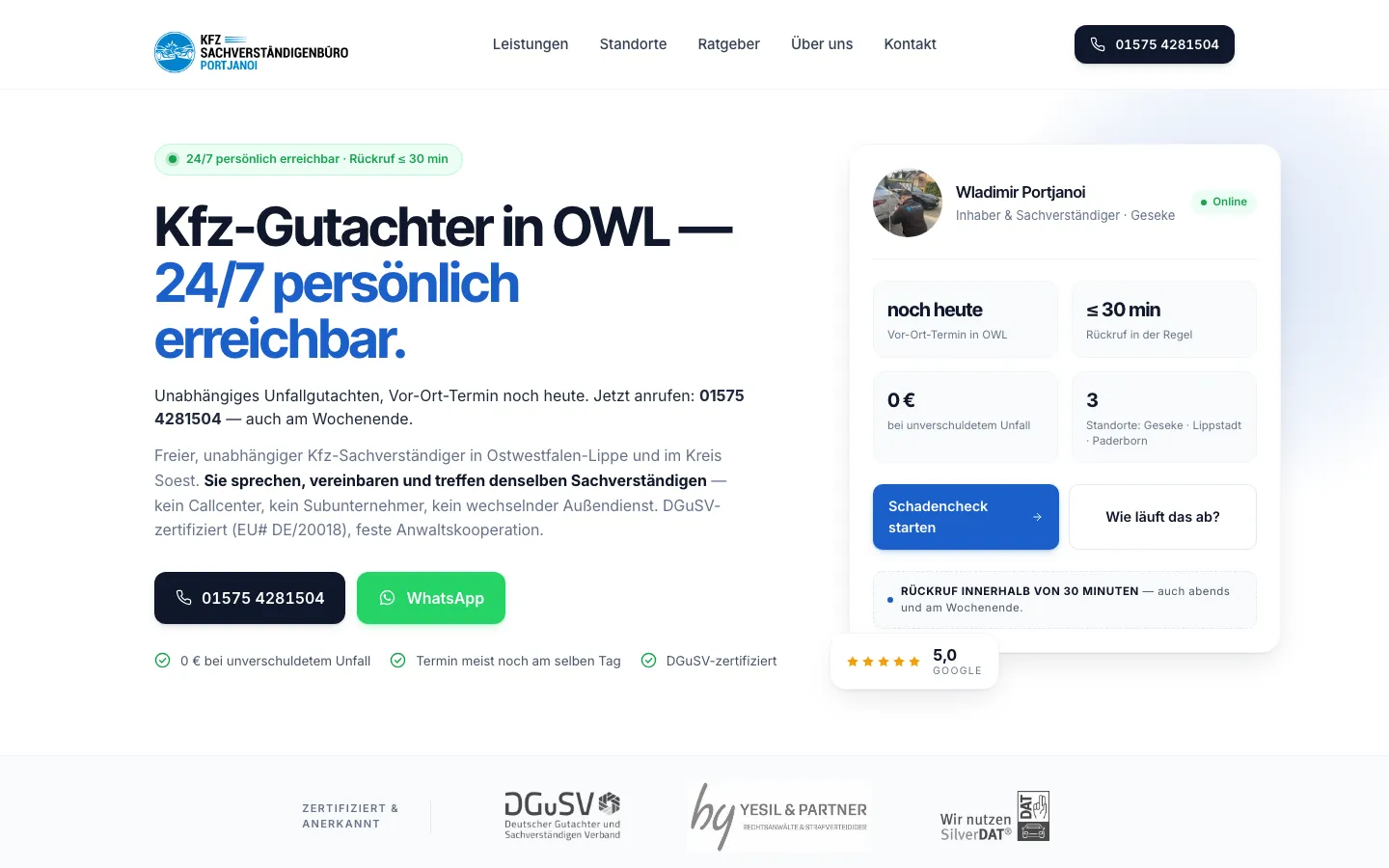 Startseite von Kfz-Sachverständigenbüro Portjanoi, Desktop-Ansicht