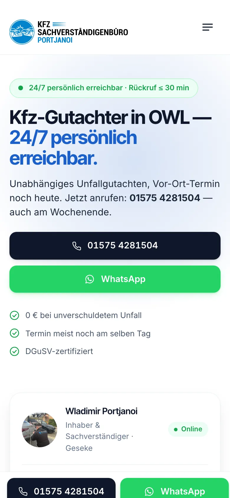 Startseite von Kfz-Sachverständigenbüro Portjanoi, Handy-Ansicht